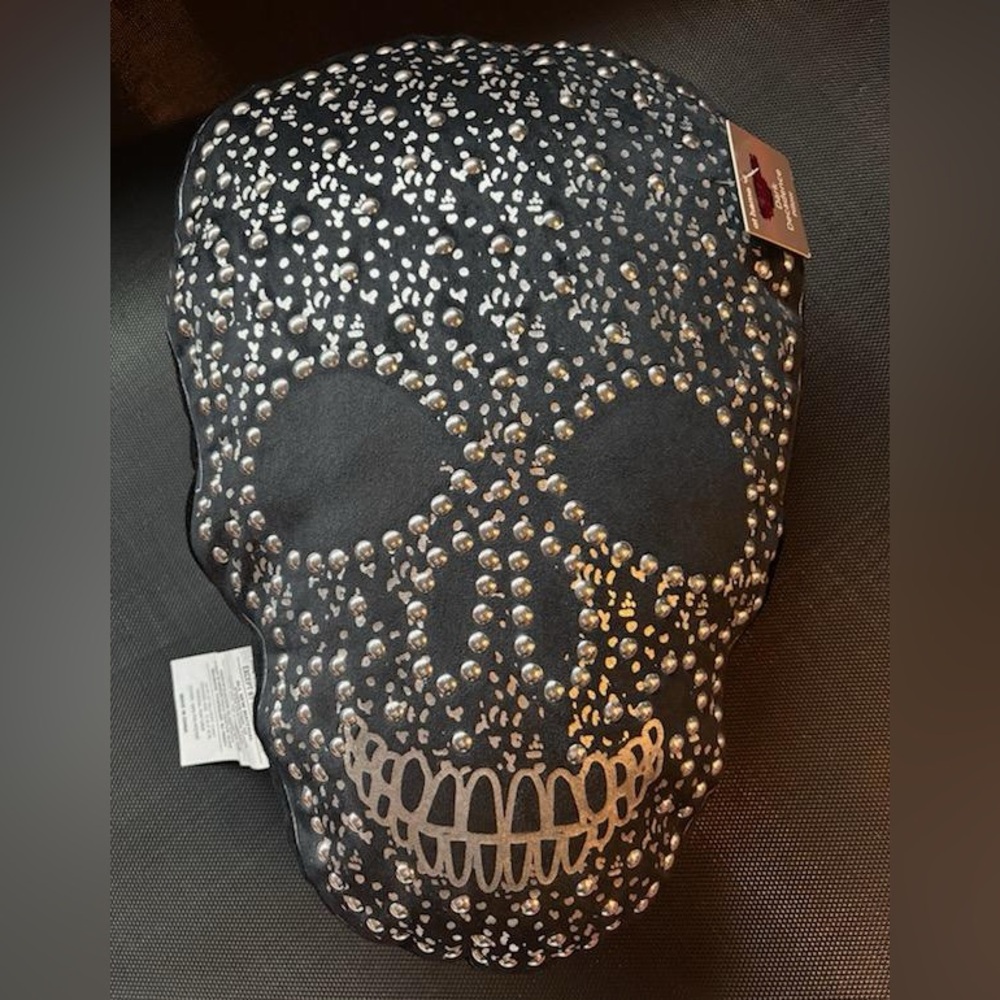 Pillow Silver Studded Skull Black Embellished Pillow NWT 16x12 approximately